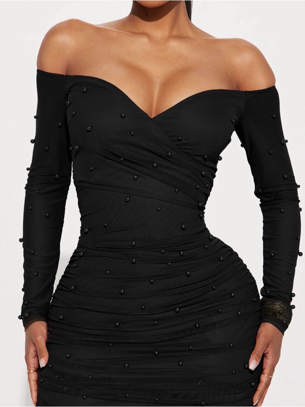 Off-Shoulder Black Pearl-Embellished Bodycon Dress